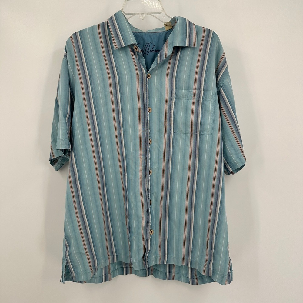 Tommy Bahama Mens XL Silk Short Sleeve Button Down Shirt Blue Striped Camp